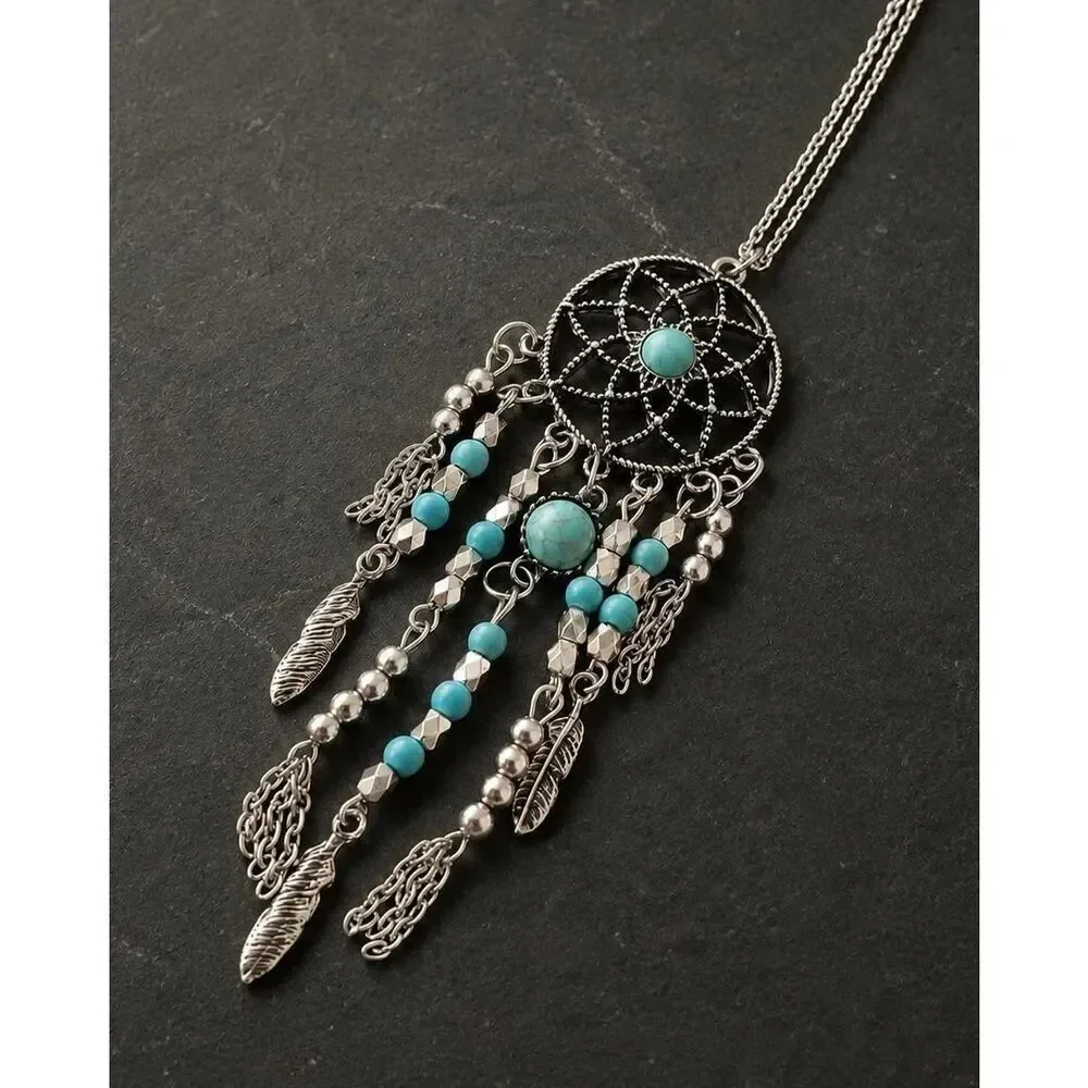 Men’s Turquoise & Feather Dreamcatcher Long Pendant Necklace Silver Tone Tassels